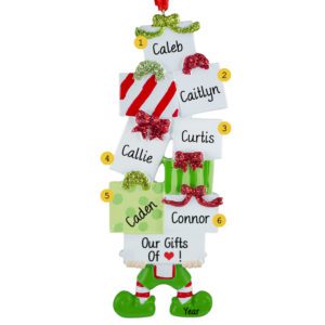 Image of Elf Holding Gift Packages 6 Names Personalized Ornament