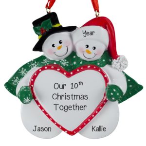 Image of Personalized Anniversary Snow Couple Holding Heart Ornament