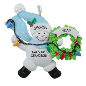 Image of Grandson BLUE Snowman With Christmas Lights Ornament