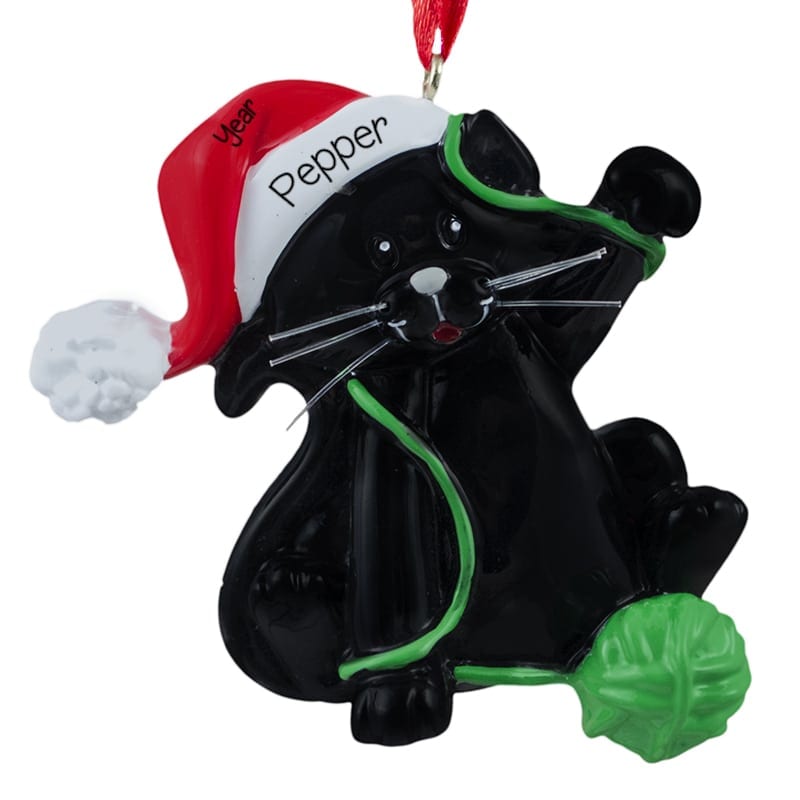 Personalized BLACK Cat Wrapped In Yarn Ornament Personalized