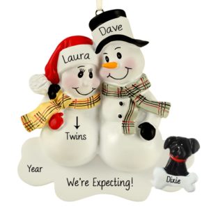 Image of Expecting Twins Snow Couple With Pet Plaid Scarves Ornament