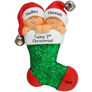 Image of Twins' 1st Christmas GREEN Glittered Stocking Bells Ornament