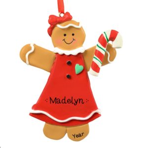 Image of Personalized Gingerbread Girl Holding Candy Cane Ornament