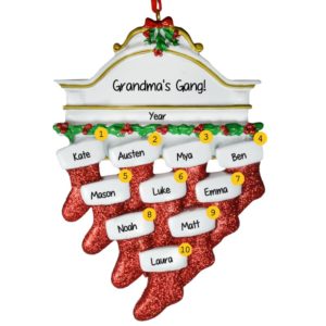 Image of Ten Grandchildren Glittered Stockings On White Mantle Ornament