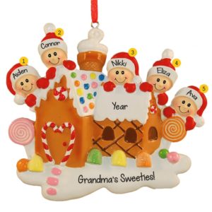 Image of Five Grandkids Atop Gingerbread House Ornament