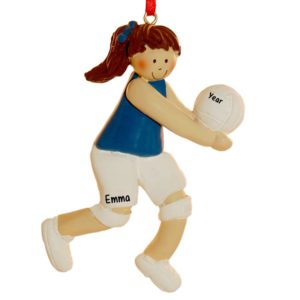 Image of Volleyball Girl Player BLUE Shirt Personalized Ornament BRUNETTE