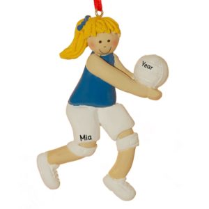 Image of Volleyball Girl Player BLUE Shirt Personalized Ornament BLONDE