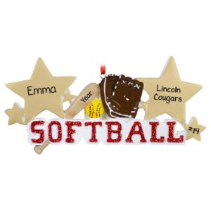 Image of Softball Glittered Letters Ball, Bat And Glove Ornament