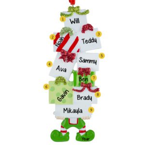 Image of Elf Holding Gift Packages With 9 Names Ornament