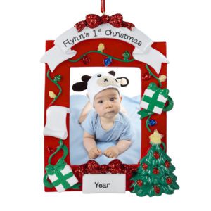 Image of Baby's First Christmas RED Photo Frame Glittered Bow Ornament Easel Back