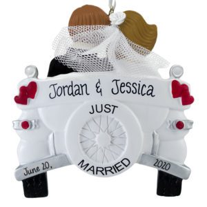 Image of Just Married Old-Fashioned Car Personalized Ornament BRUNETTE Bride