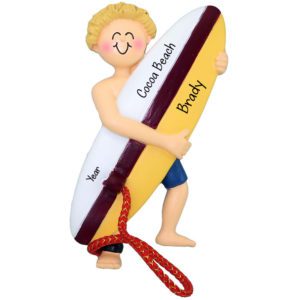 Image of MALE Surfer Carrying Surfboard Personalized Ornament BLONDE Hair