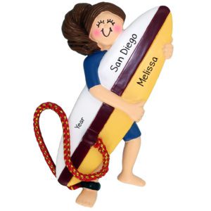 Image of GIRL Surfer Carrying Surfboard Wearing Wetsuit Ornament BLONDE
