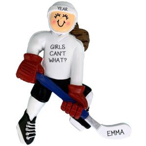 Image of Personalized FEMALE Hockey Player BROWN Hair Ornament