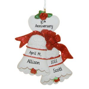 Image of Personalized Anniversary Wedding Bells Red Glittered Ornament