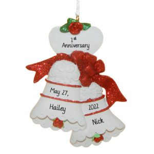 Image of Personalized 1ST Anniversary Wedding Bells Red Glittered Ornament