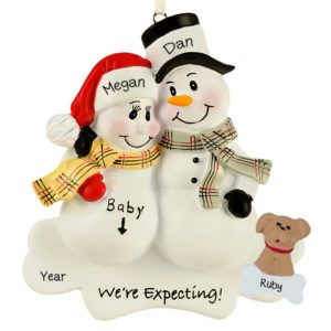 Image of Personalized Expecting Snow Couple + DOG Plaid Scarves Ornament