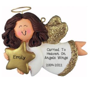 Image of FEMALE Angel Memorial Gold Glittered Wings Ornament BRUNETTE