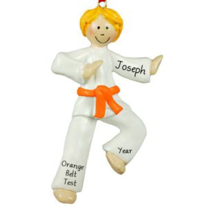 Image of Personalized Karate Boy ORANGE Belt Ornament BLONDE