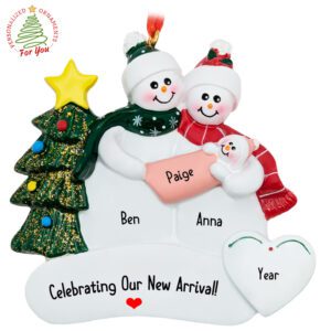 Snow Couple Holding Baby GIRL Adoption Ornament
