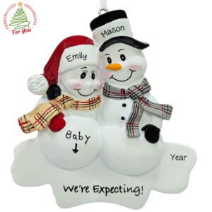 Personalized Expecting Snow Couple Plaid Scarves Ornament