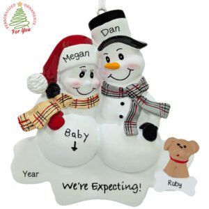 Personalized Expecting Snow Couple + DOG Plaid Scarves Ornament