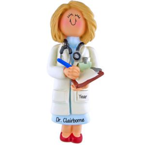 Image of FEMALE Doctor Wearing Lab Coat Holding Clip Board Ornament BLONDE