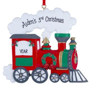 Image of Little Boy's 3rd Christmas Red Train With Wreath Ornament