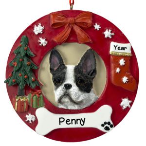 Image of BOSTON TERRIER Dog on Wreath Christmas Ornament