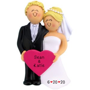 Image of Bride & Groom Pink Heart Wedding Ornament BLONDES