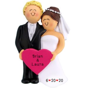 Image of Bride & Groom Pink Heart Wedding Ornament Male Blonde Female Brunette