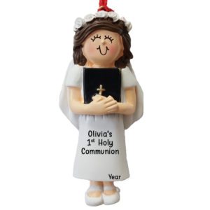 Image of Girl's First Communion Holding Bible Ornament BRUNETTE