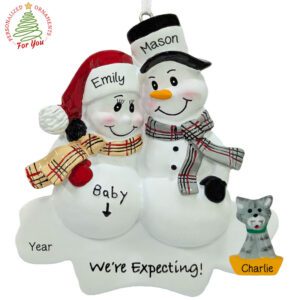 Personalized Expecting Snow Couple + CAT Plaid Scarves Ornament