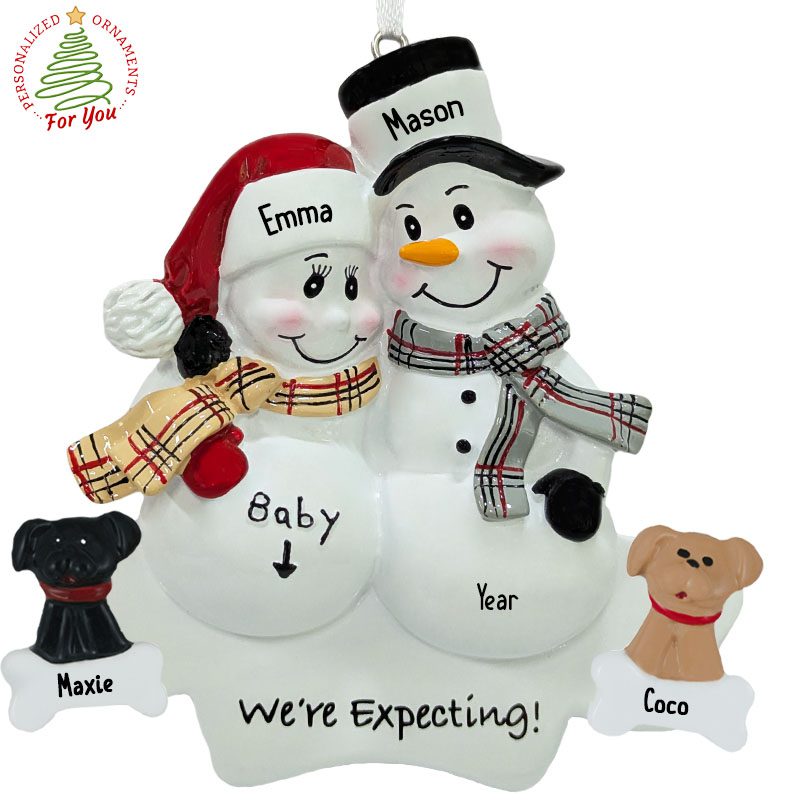 Personalized Expecting Snow Couple With 2 Pets Plaid Scarves Ornament ...