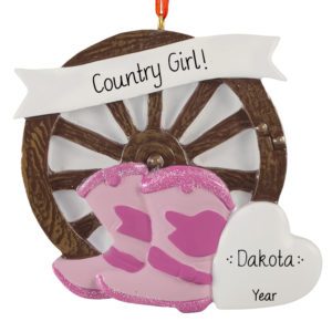 Image of Cowgirl's Birthday Celebration PINK Boots On Wagon Wheel Ornament