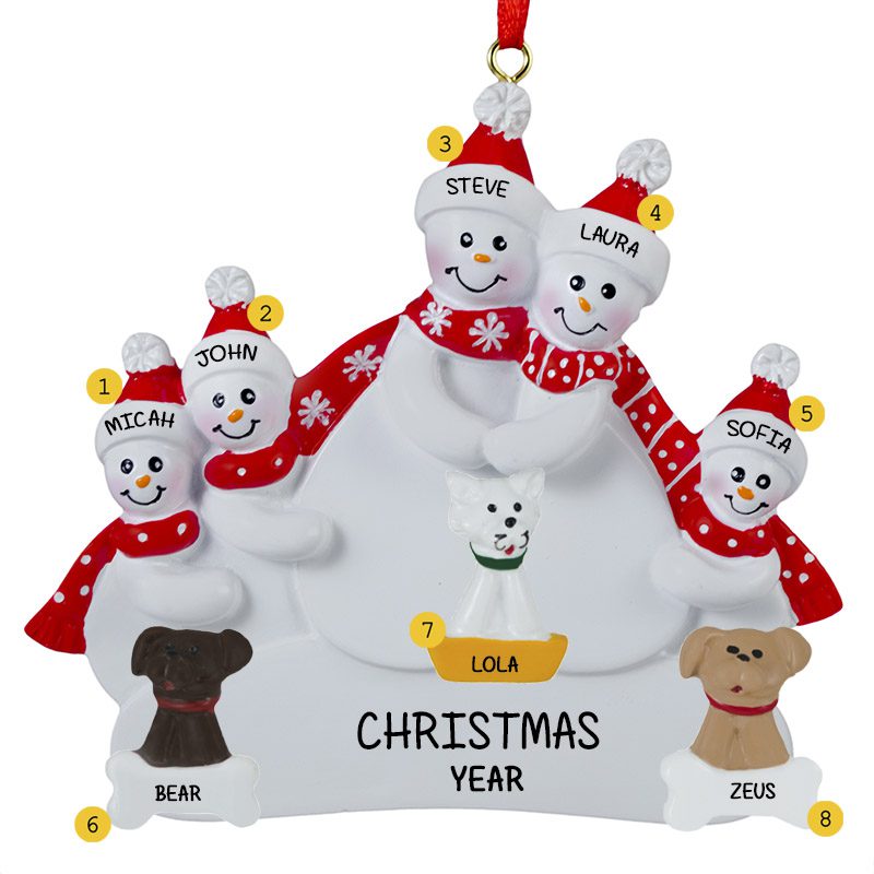 Personalized Snow Family Of 5 With 3 Pets Ornament | Personalized ...