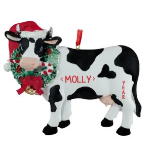 Image of Cow Wearing Santa Hat And Christmas Wreath Ornament