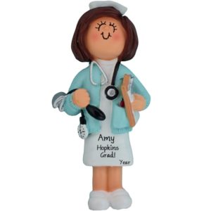 Nurse Graduation White Dress Wearing Stethoscope Ornament BRUNETTE