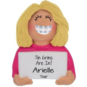 Image of Personalized BRACES Tin Grin Ornament FEMALE BLONDE