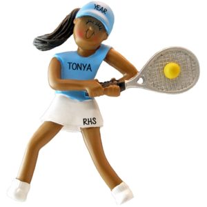Image of Tennis Player Female Holding Raquet BLUE Shirt Ornament African American