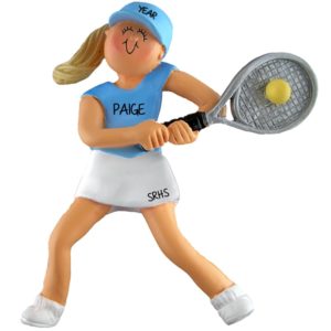 Image of Tennis Player Female Holding Raquet BLUE Shirt Ornament BLONDE