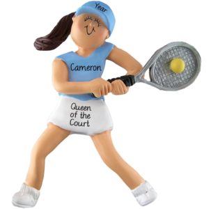 Image of Tennis Player FEMALE Holding Raquet BLUE Shirt Ornament BRUNETTE