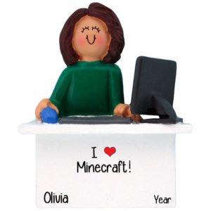 Image of GIRL Playing Minecraft On Computer Ornament BRUNETTE