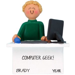 Image of Personalized MALE Sitting At Computer Desk Ornament BLONDE