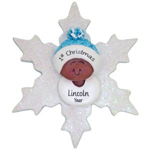 Image of African American Baby BOY's 1ST Christmas Glittered Snowflake Ornament Snowflake