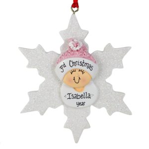 Image of Girl's 3rd Christmas PINK Glittered Snowflake Ornament