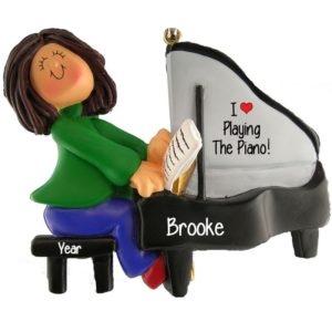 Image of FEMALE Playing Piano Personalized Christmas Ornament BRUNETTE