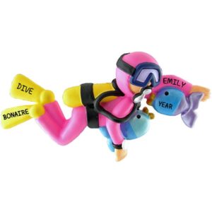 Image of FEMALE Scuba Diver PINK Wetsuit Personalized Ornament