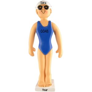 Image of Girl Swimmer Blue Suit Goggles & White Cap Ornament