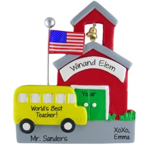 Image of World's Best Teacher Schoolhouse Flagpole And Bus Ornament